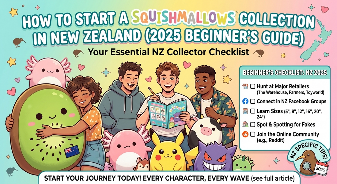Beginner's guide graphic for starting a Squishmallows collection in New Zealand in 2025, featuring a checklist of NZ retailers like The Warehouse and Farmers, collectors holding a giant Kiwi Squishmallow, and characters like Pikachu and Gengar