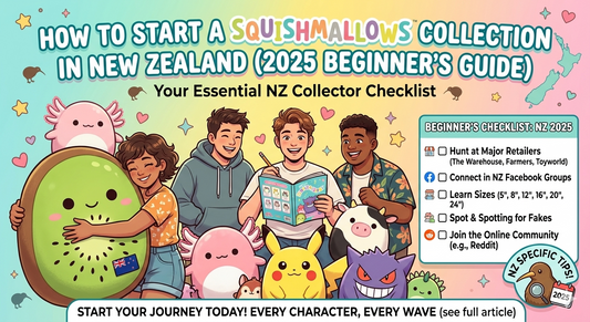 Beginner's guide graphic for starting a Squishmallows collection in New Zealand in 2025, featuring a checklist of NZ retailers like The Warehouse and Farmers, collectors holding a giant Kiwi Squishmallow, and characters like Pikachu and Gengar