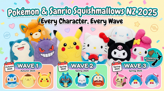 A guide to Pokémon and Sanrio Squishmallows in New Zealand for 2025, featuring Pikachu, Hello Kitty, Gengar, and Kuromi plushes organized into Wave 1, Wave 2, and Wave 3 release schedules