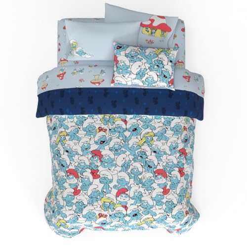 Franco Kids Bedding Super Soft Comforter and Sheet Set with Sham, 5 Piece Twin Size, Baby Shark - The Smurfs - Blue Original - 7 Piece Full Size