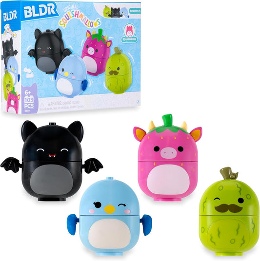 BLDR Squishmallows Buildable Figure - Emily The Bat, Bebe The Bluebird, Cleary The Strawberry Cow, Charles The Pickle- Squishmallows Fans 6+, 0225